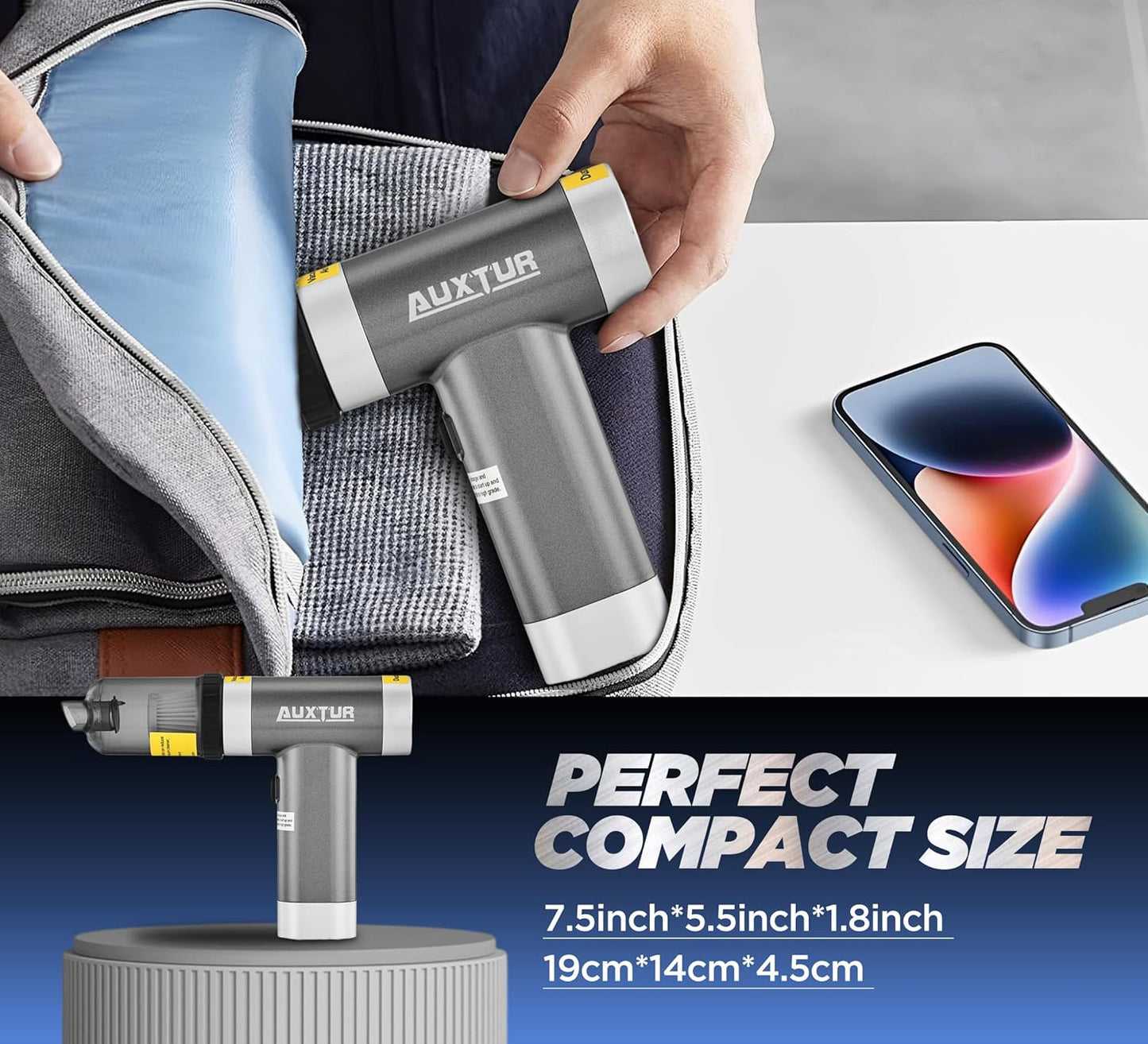 Powerful Mini Handheld Car Vacuum Cleaner - Cordless, 3-in-1 Design with 12000PA Suction for Ultimate Cleaning Convenience (Grey)